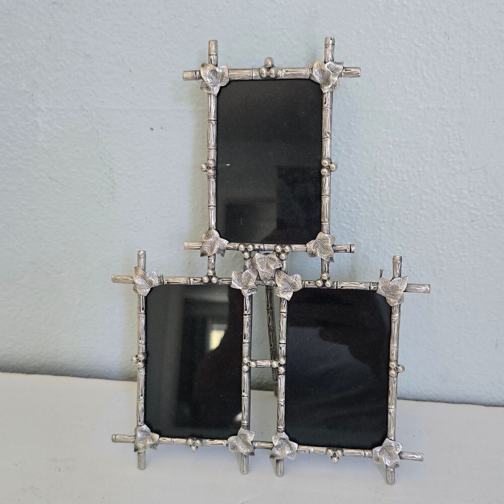 Vintage Elias Extra Fine Pewter Picture Frame 3 Slot Easel Back Bamboo Leaf